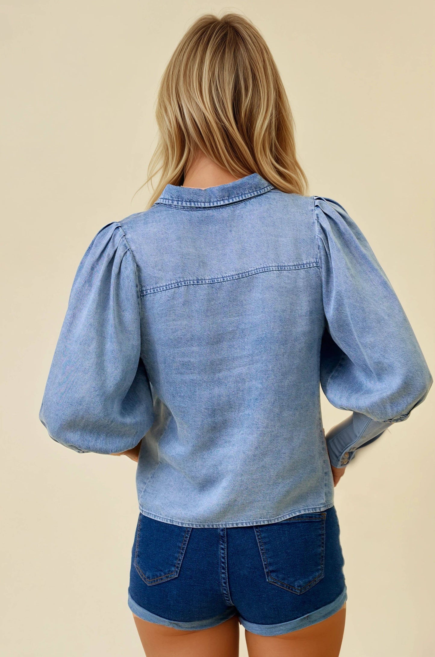 TENCEL CHAMBRAY PLEATS DETAIL JEAN PUFF SLEEVE SHIRT