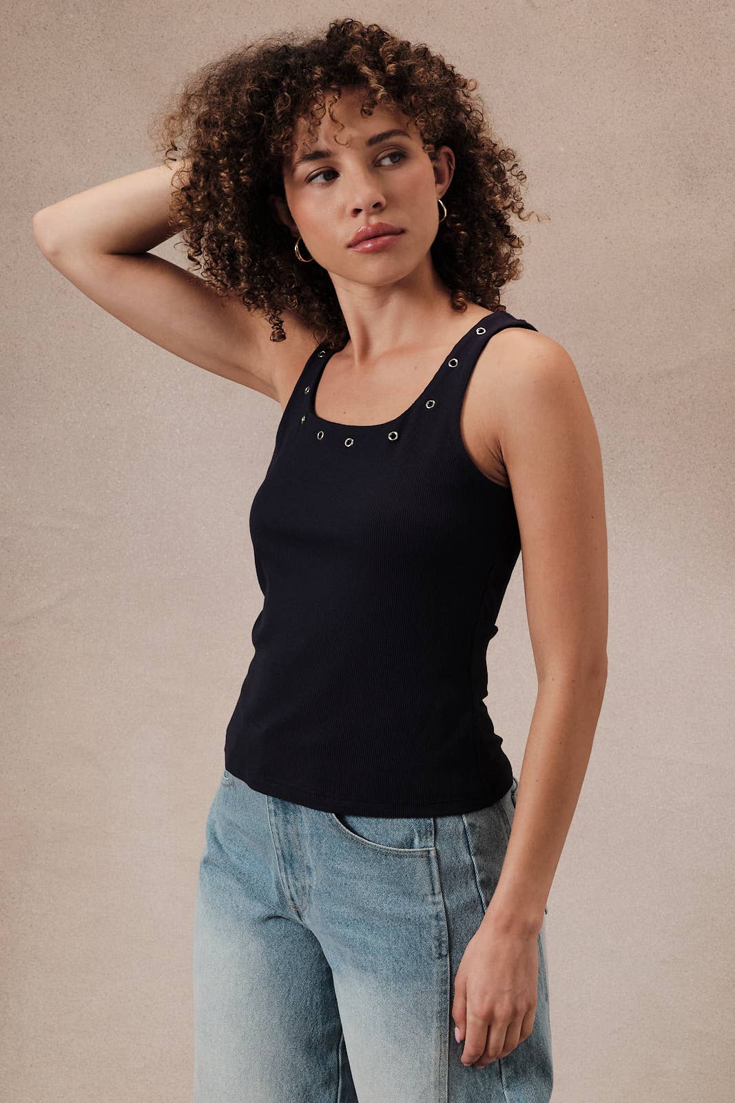 U- Neck Eyelet Ribbed Tank Top