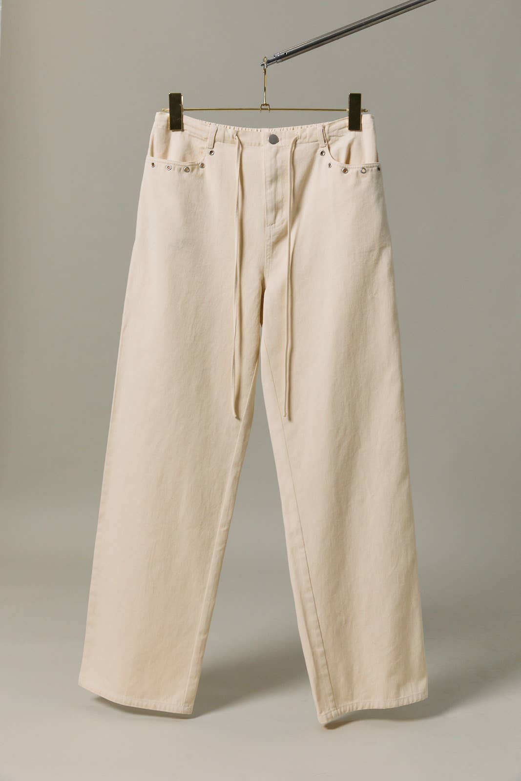 Midi Rise Ties On Waist Eyelet Trim Straight Fit Twill Pants