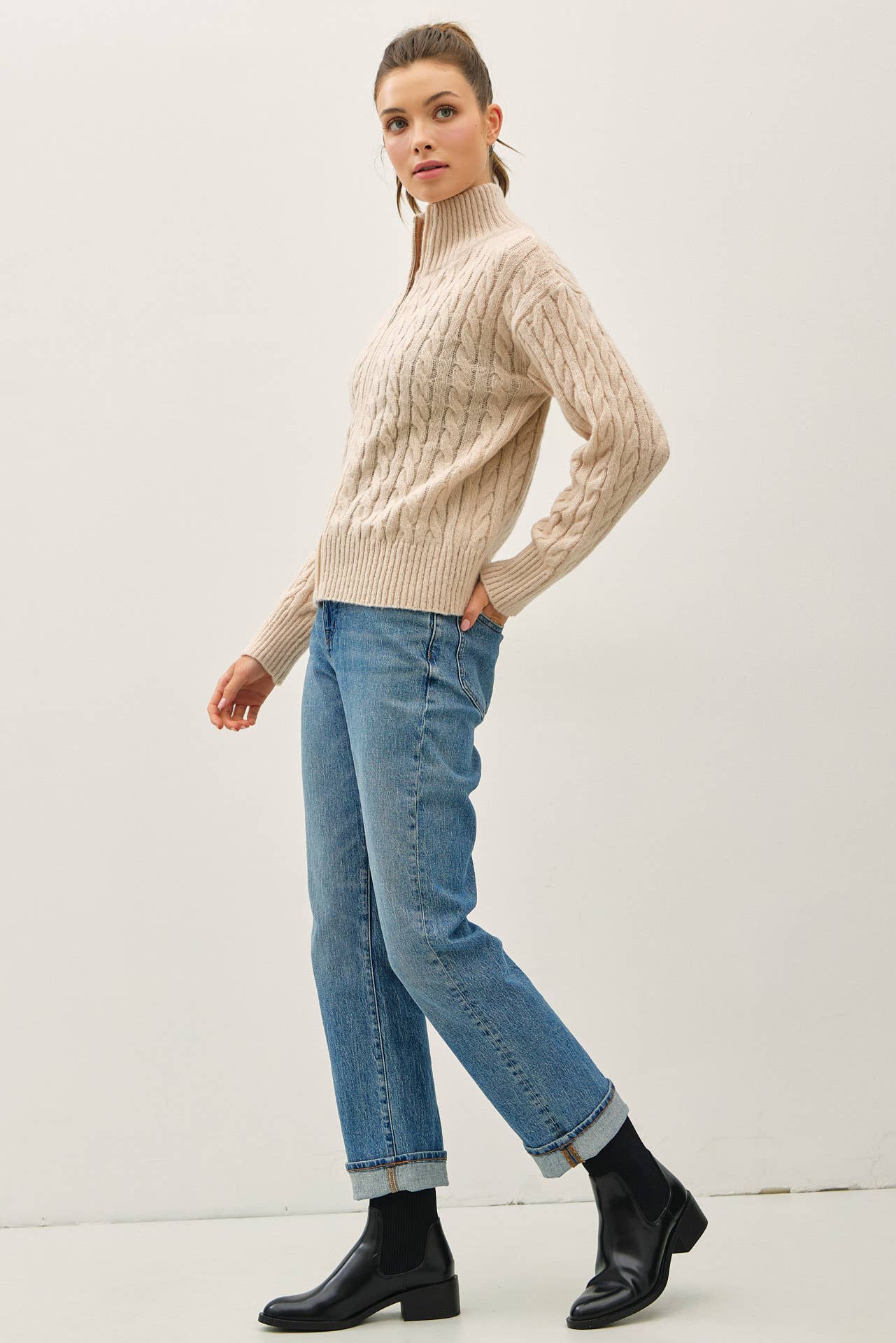 Cable Knit Zip Up Sweater Jacket