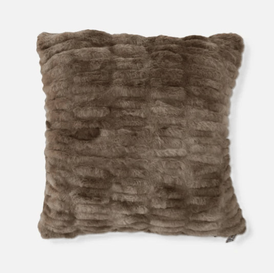 Square ribbed faux fur throw pillow in taupe brown, front view on white background