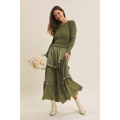 COMFORTABLE SWEATER AND SATIN TWOFER MAXI DRESS
