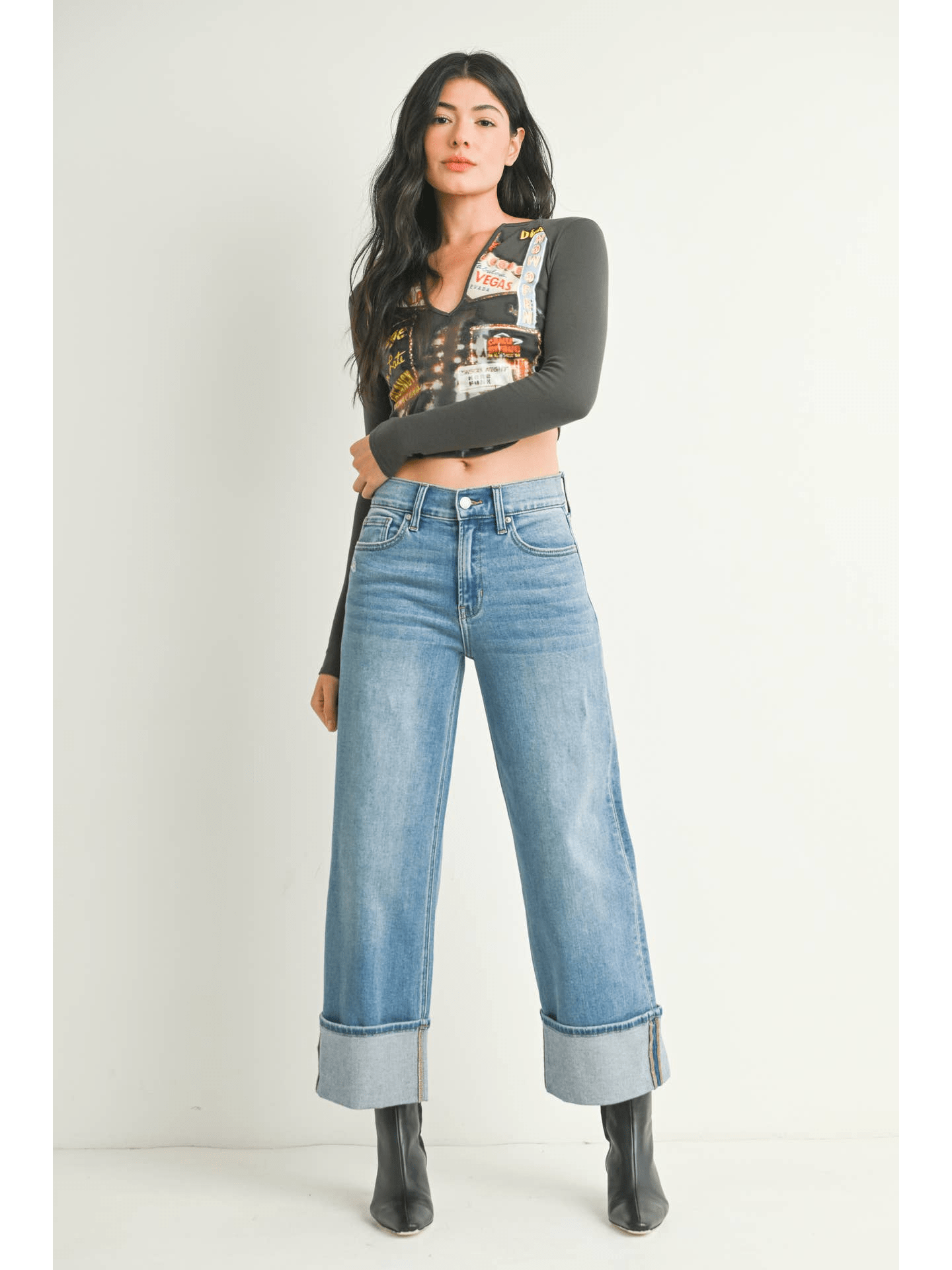 Petite Cuffed Slim Wide Leg Jeans