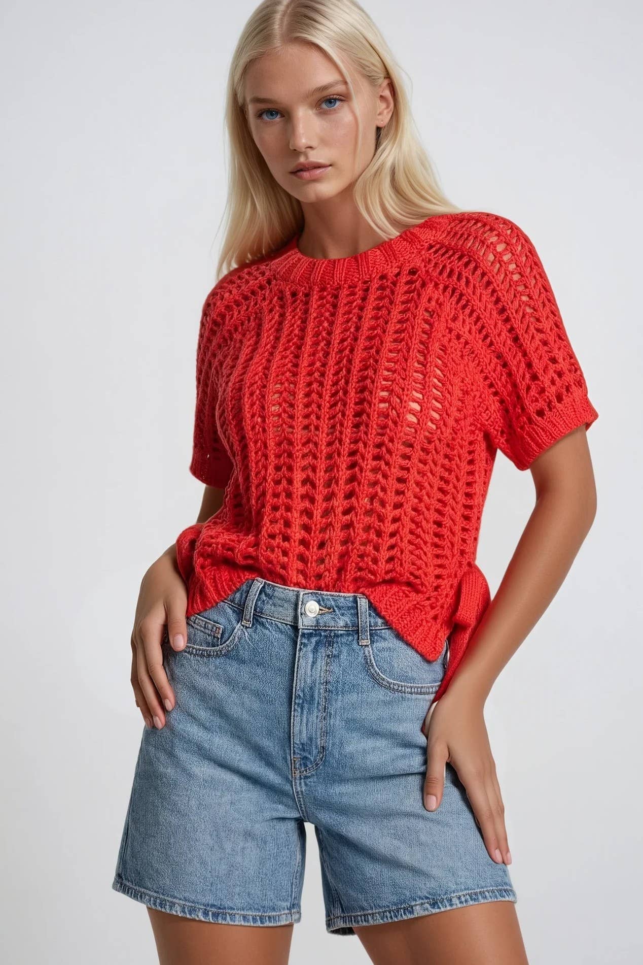 Red chunky open-knit crochet short sleeve sweater top with ribbed trim