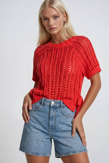 Red chunky open-knit crochet short sleeve sweater top with ribbed trim
