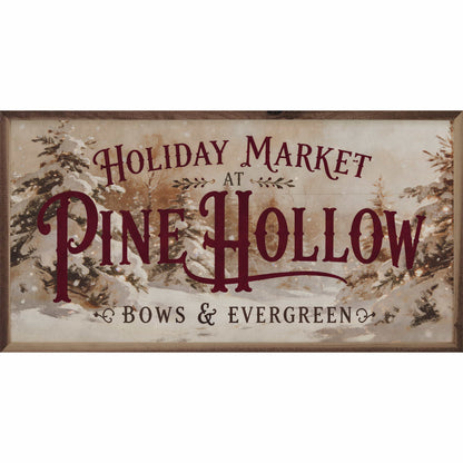 Framed Holiday Market at Pine Hollow wall art sign with snowy pine tree scene