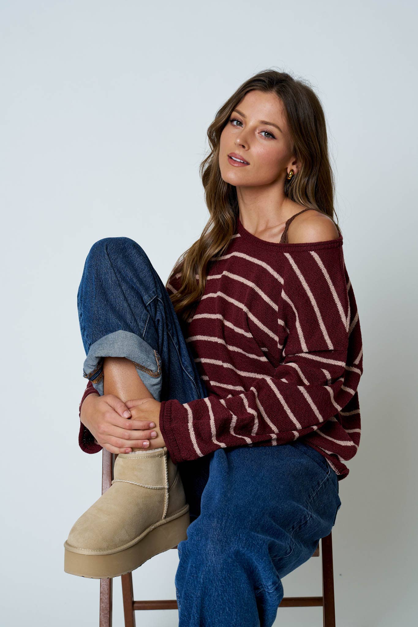 STRIPE TEXTURED RAW EDGE LONG SLEEVE KNIT SWEATER