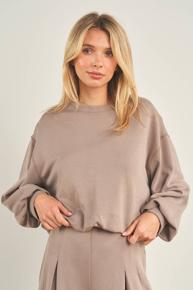 Taupe cropped crewneck sweatshirt with balloon sleeves and relaxed oversized fit