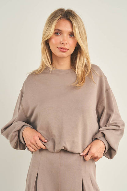 Taupe cropped crewneck sweatshirt with balloon sleeves and relaxed oversized fit