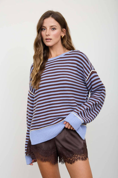 STRIPE CONTRAST STITCH RAW EDGE KNIT SWEATER
