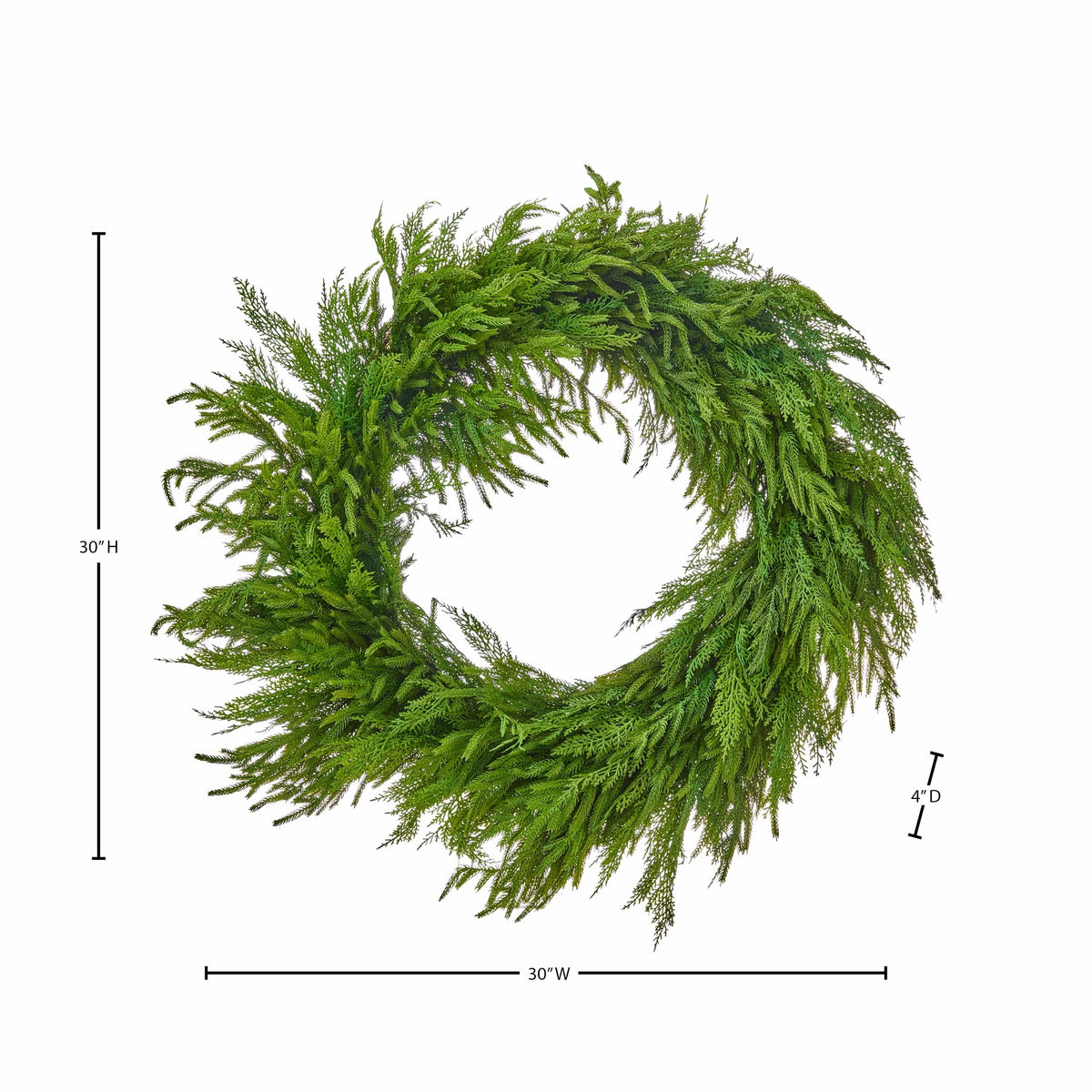 Large round cedar and Norfolk pine artificial wreath with feathery green foliage, 30 inches wide