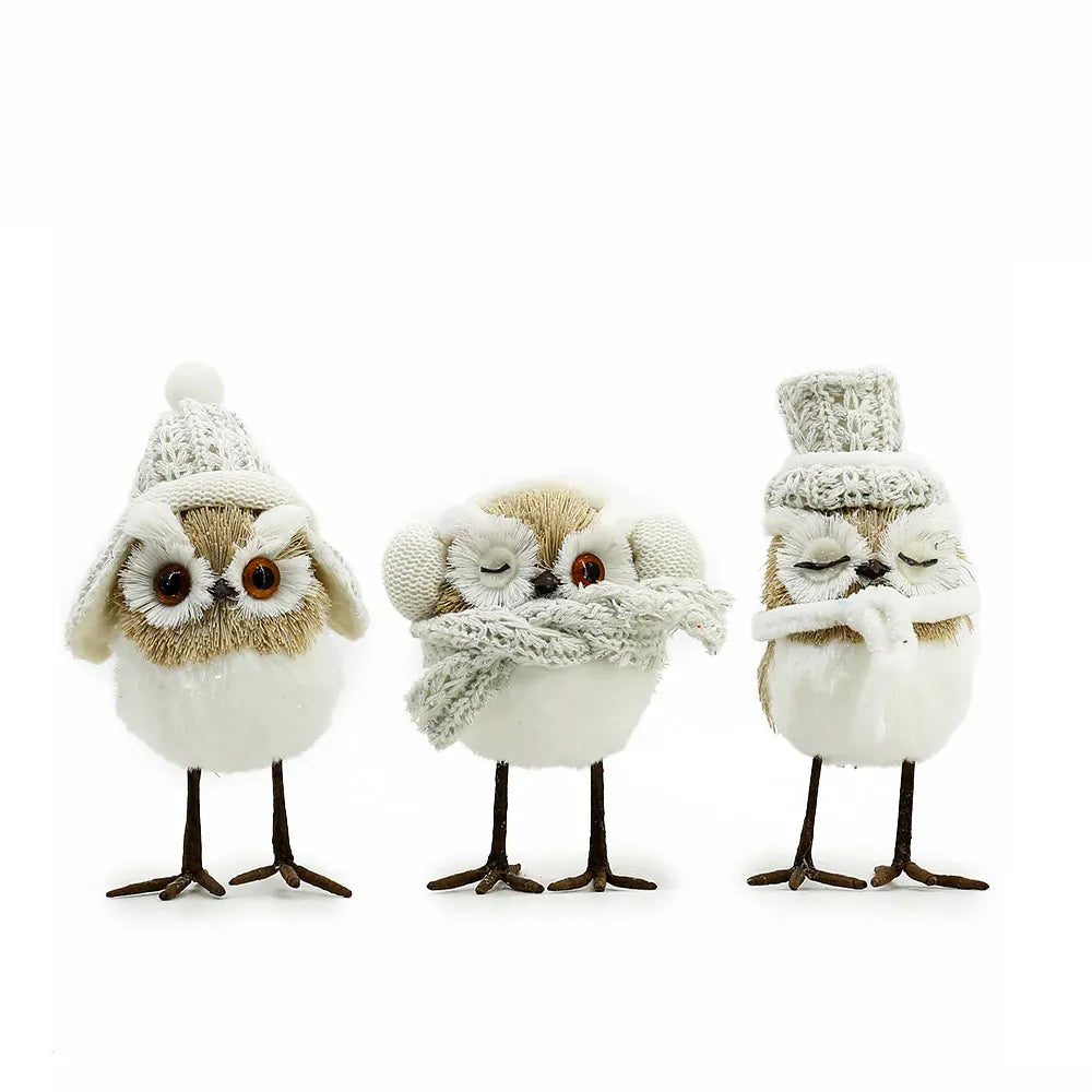 Set of 3 decorative owl figurines in white winter knit hats and scarves