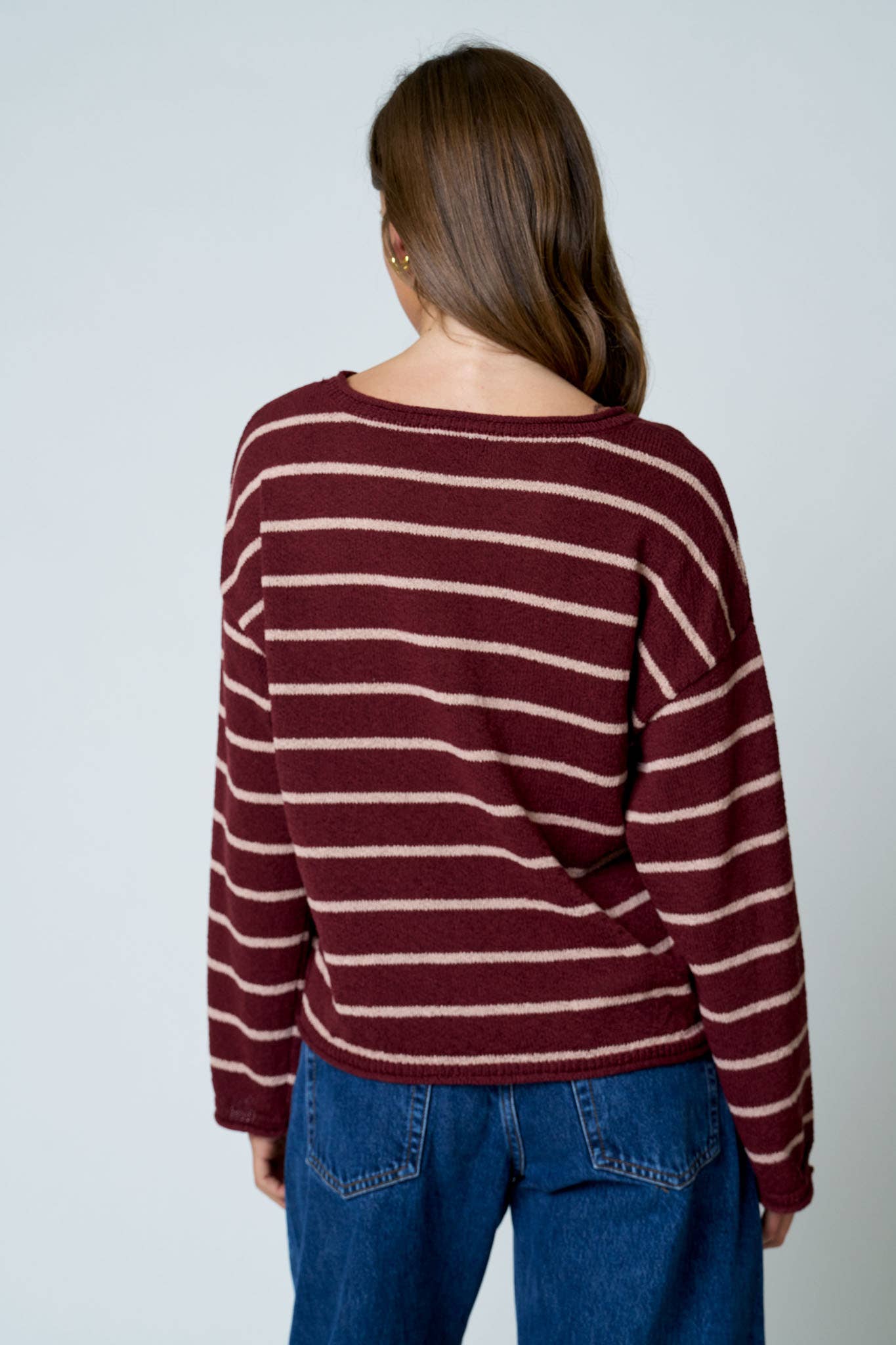 STRIPE TEXTURED RAW EDGE LONG SLEEVE KNIT SWEATER