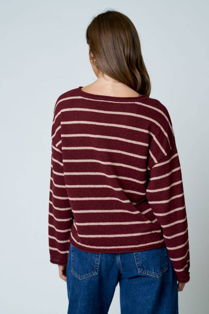 STRIPE TEXTURED RAW EDGE LONG SLEEVE KNIT SWEATER