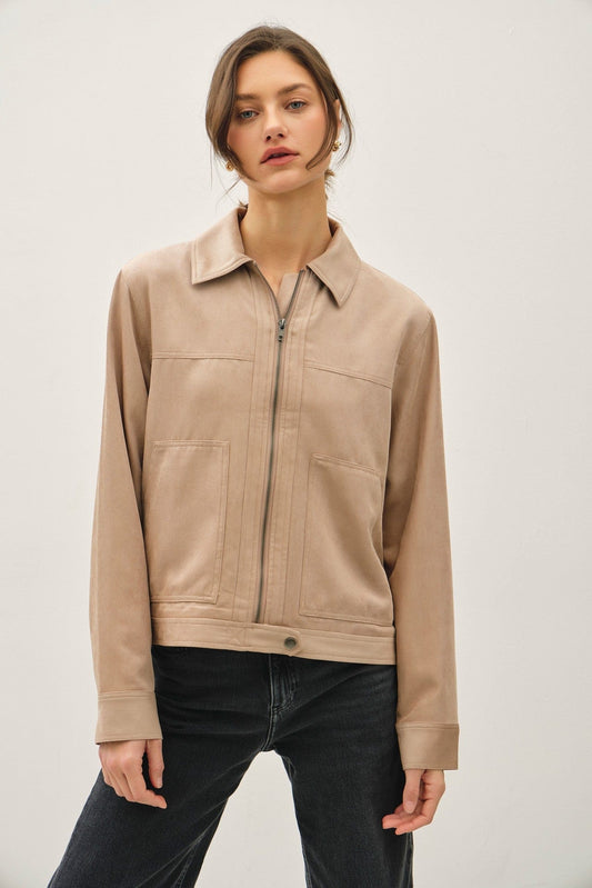 Suede Feel Collared Zip Up Jacket
