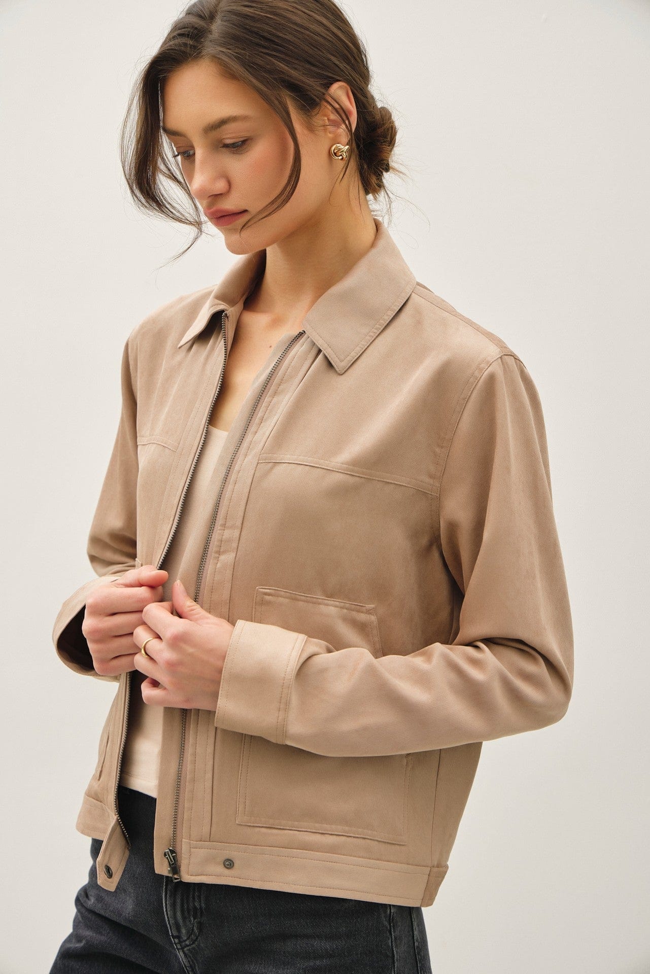 Suede Feel Collared Zip Up Jacket