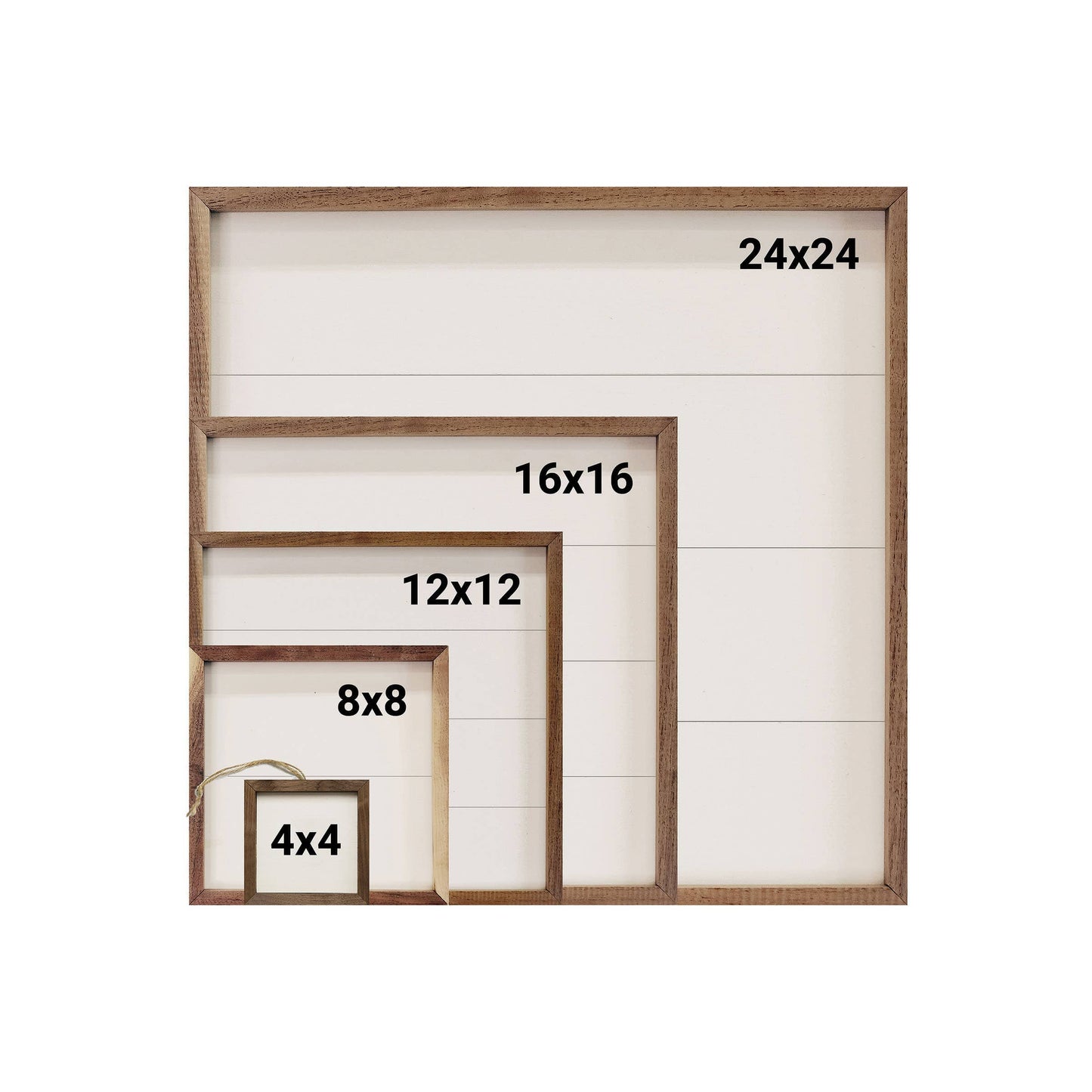 Wooden framed shiplap signs in five sizes: 4x4, 8x8, 12x12, 16x16, 24x24 inches