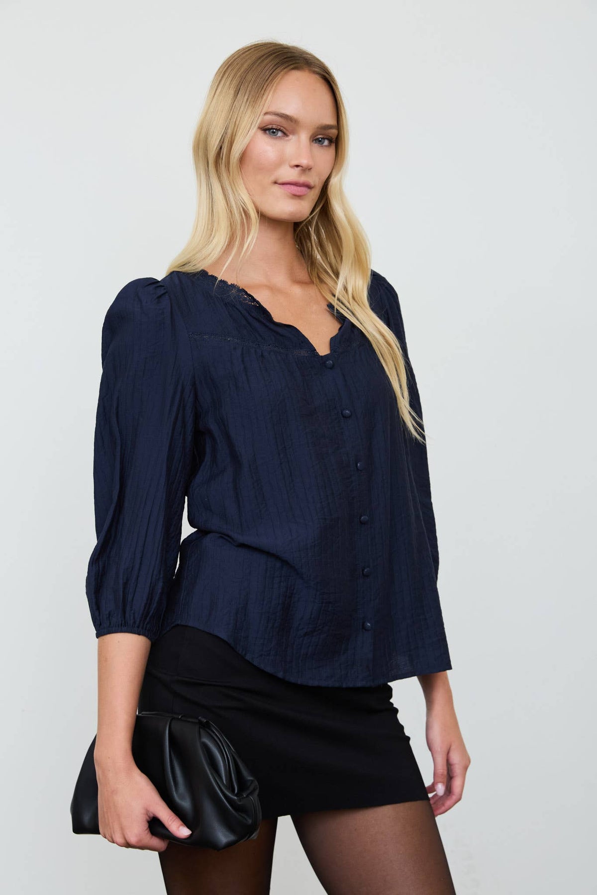 LACE YOKE BUTTON DOWN 3/4 SLEEVE TOP
