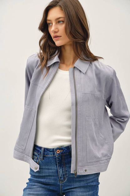 SUEDE FEEL COLLARED ZIP UP JACKETS