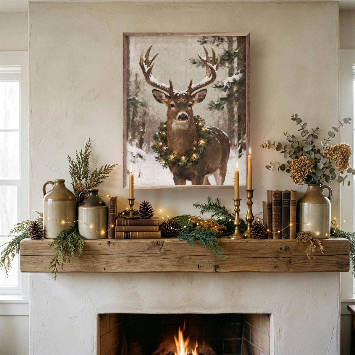 Rustic framed whitetail deer portrait with holiday wreath displayed above fireplace mantel