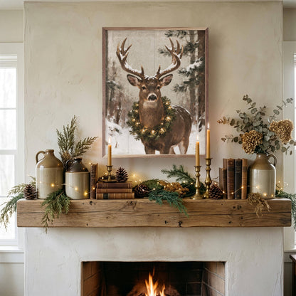 Rustic framed whitetail deer portrait with holiday wreath displayed above fireplace mantel