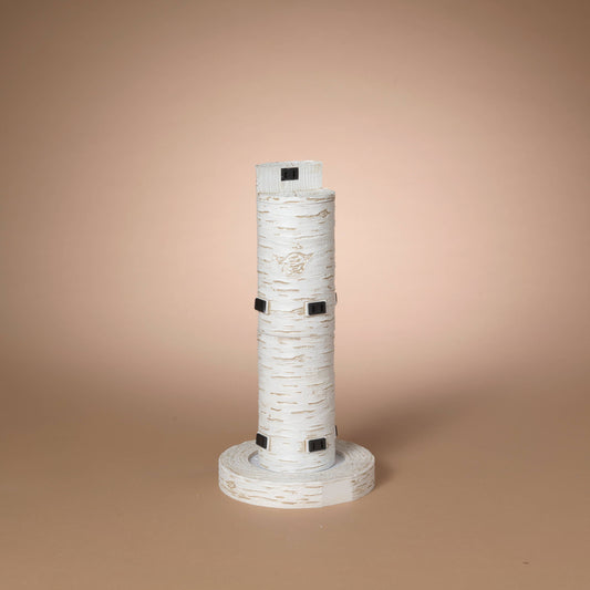 Cylindrical birch bark-textured tower display stand with round base and black nightlight outlets