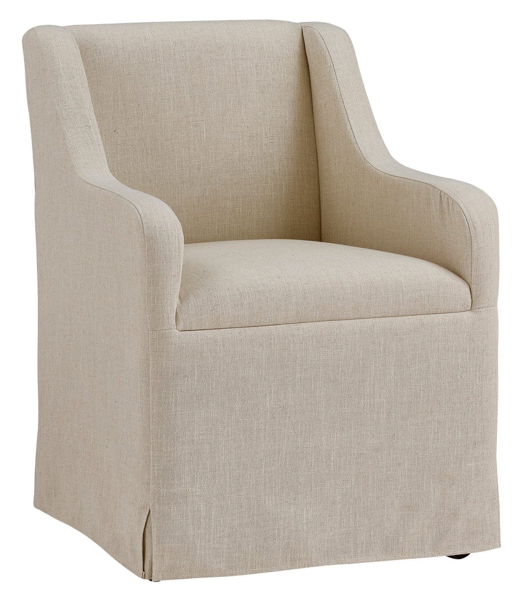 Barber dining chair on casters in neutral beige linen with skirted base