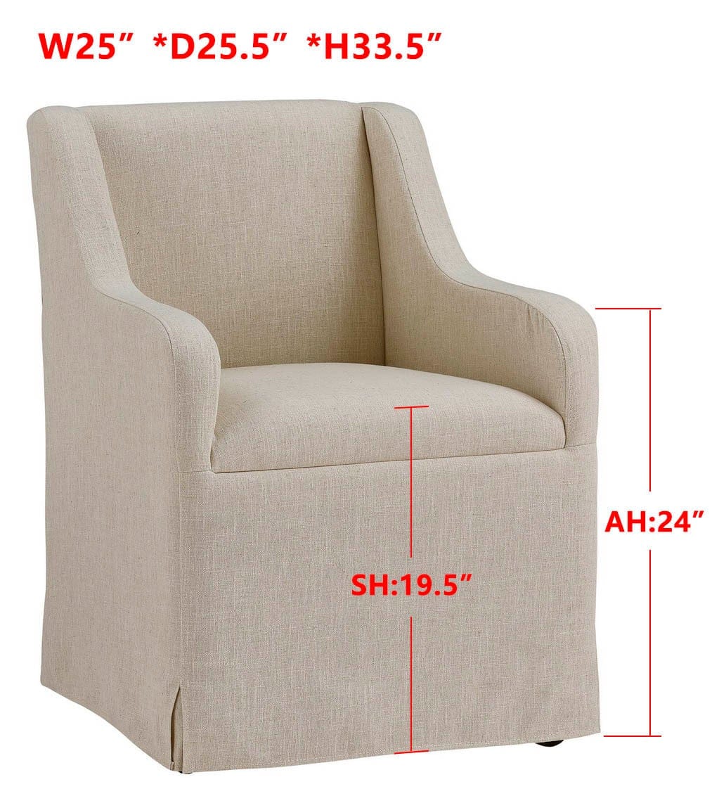Forty West Barber beige linen slipcovered dining arm chair on casters
