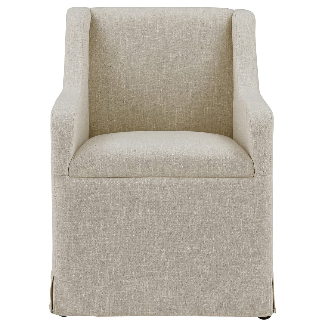 Forty West Barber beige linen upholstered dining armchair with skirted base on casters