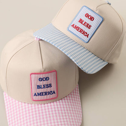 **Pre-Order**  GOD BLESS AMERICA Embroidered Patch Gingham Trucker Hat