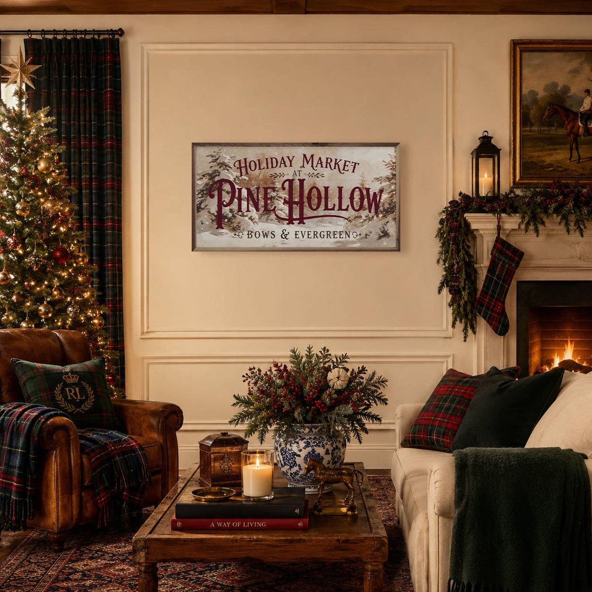 Holiday Market At Pine Hollow vintage-style wall sign in festive living room