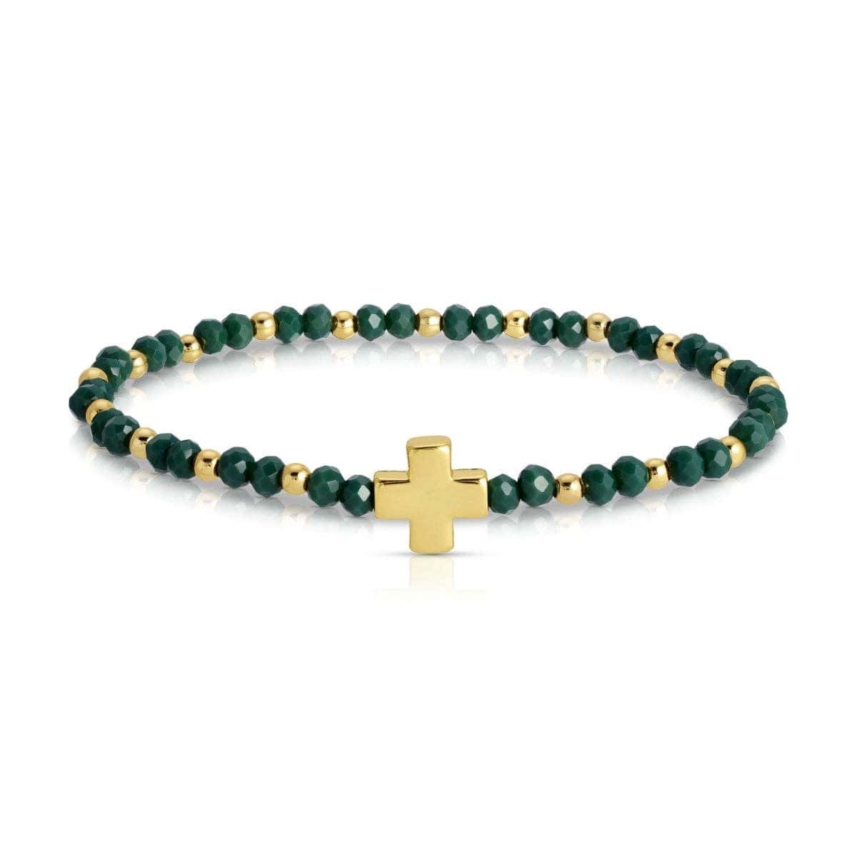 Green crystal and gold bead stretch bracelet with gold cross centerpiece
