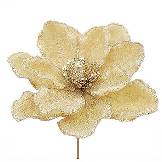 Glittery champagne gold artificial magnolia flower on a thin stem, front view