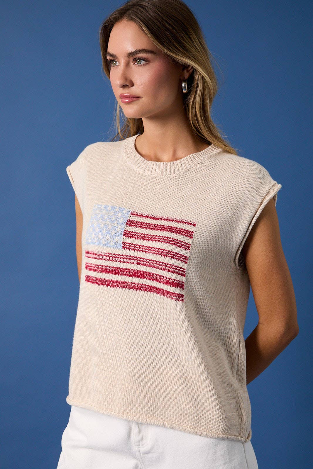 Crew Neck Wide Shoulder USA Flag Sweater
