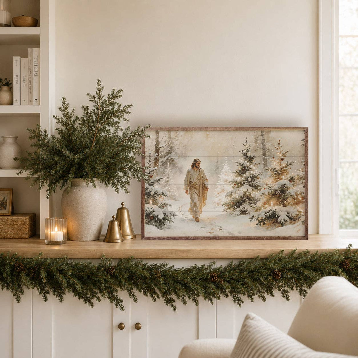 Framed wood art print of Jesus walking through a snowy Christmas forest