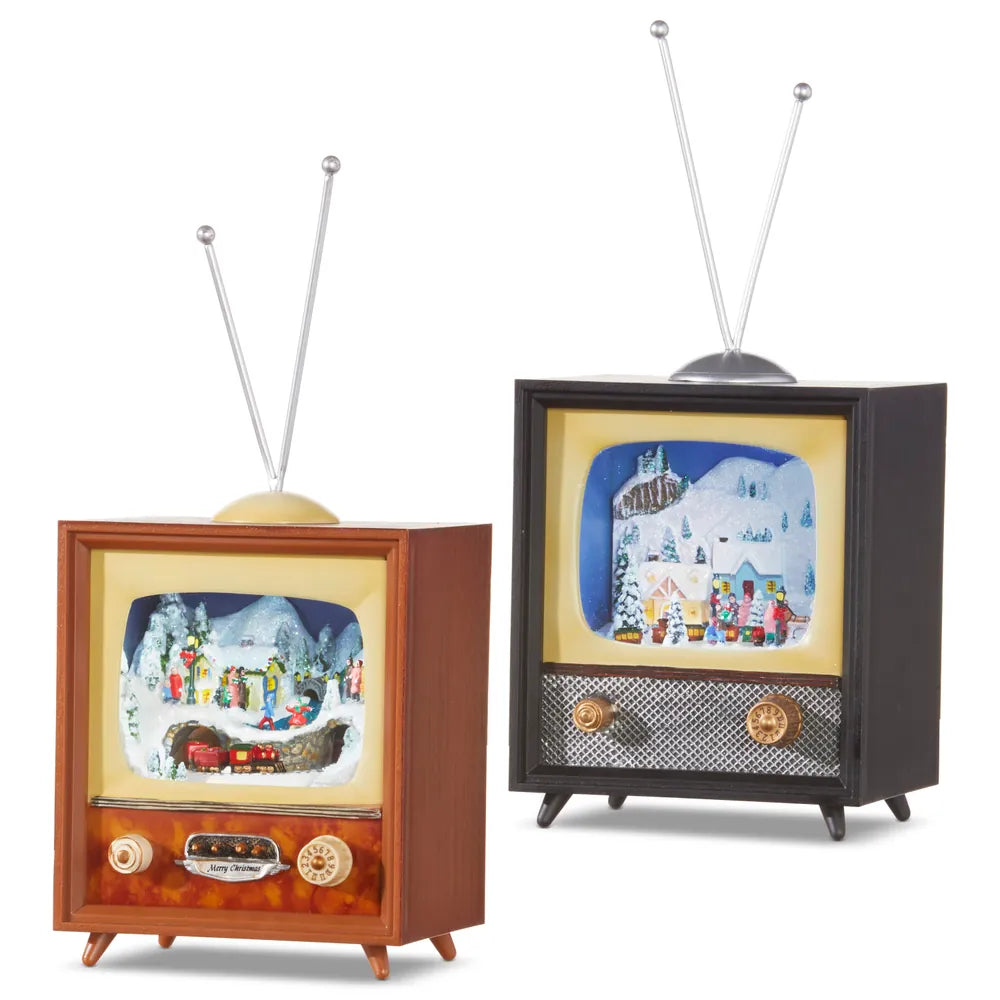 Two retro-style animated musical lighted TVs with Christmas village scenes and rabbit ear antennas
