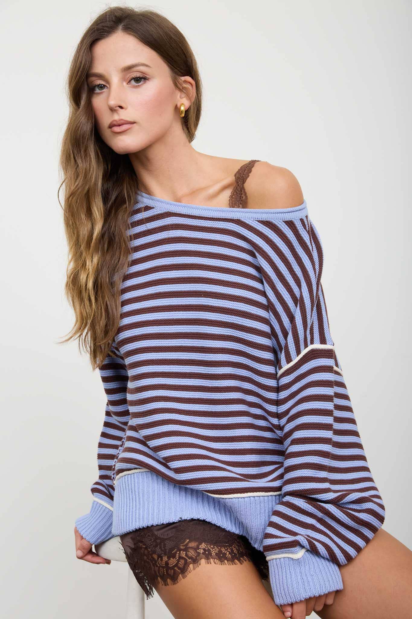 STRIPE CONTRAST STITCH RAW EDGE KNIT SWEATER