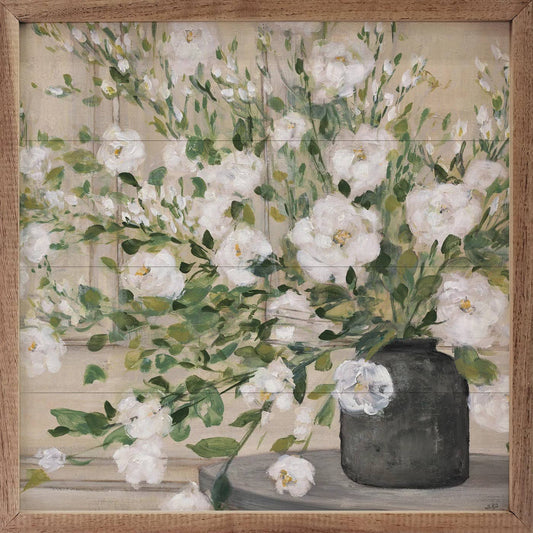White Bouquet Gray Vase By Julia Purinton Wooden Art Print