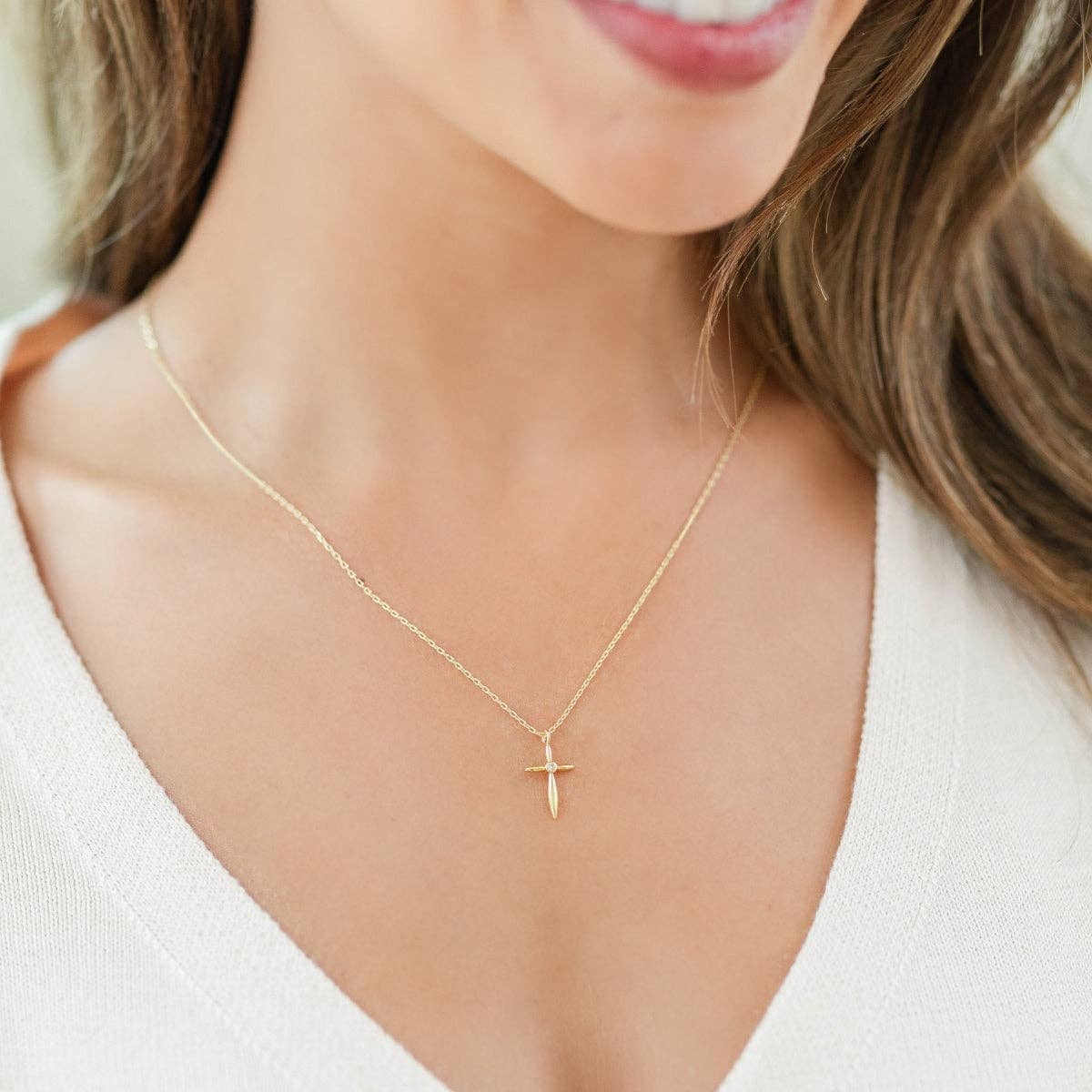 Petite Cross Necklace with Sparkling Cubic Zirconia Center