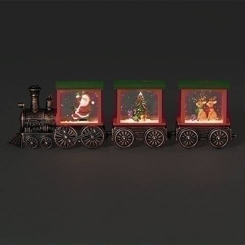 Lighted Christmas train set with bronze engine and three glowing holiday scene cars