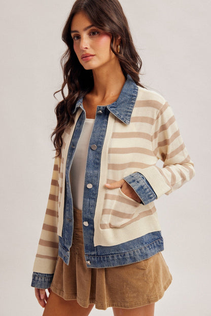 Demin Contrast Striped Sweater Jacket