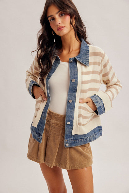 Demin Contrast Striped Sweater Jacket