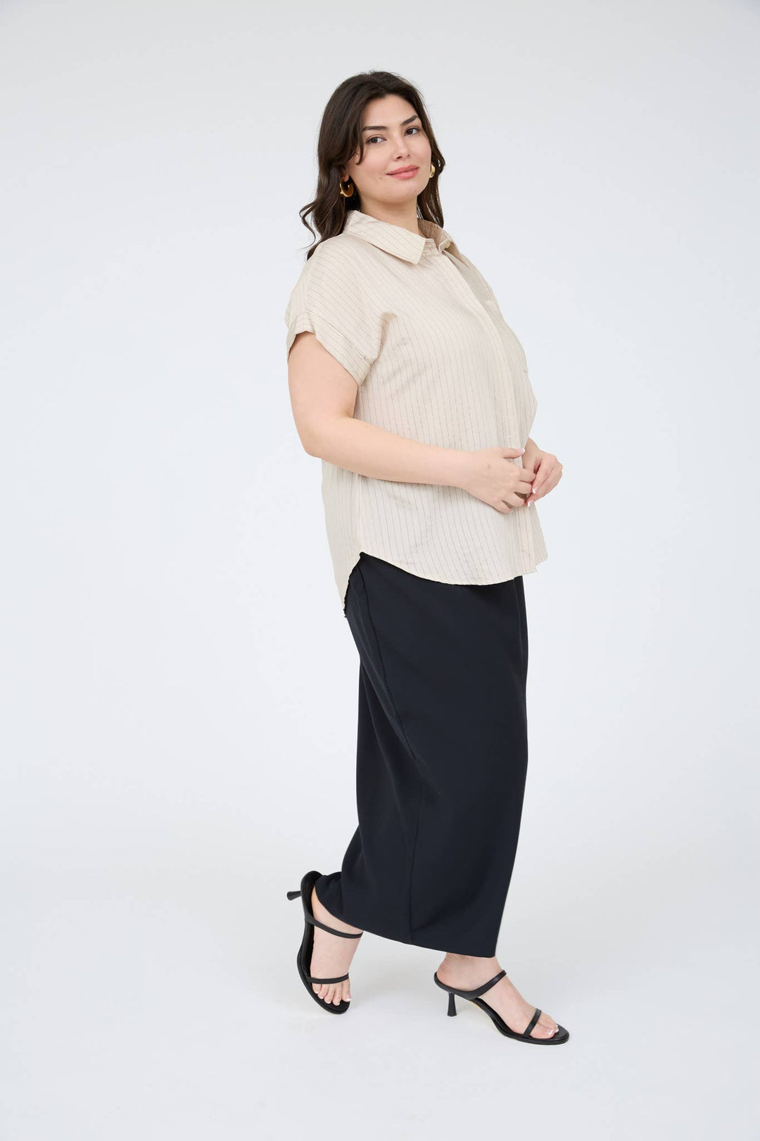 PLUS PINSTRIPE SHORT SLEEVE COLLARED SHIRT