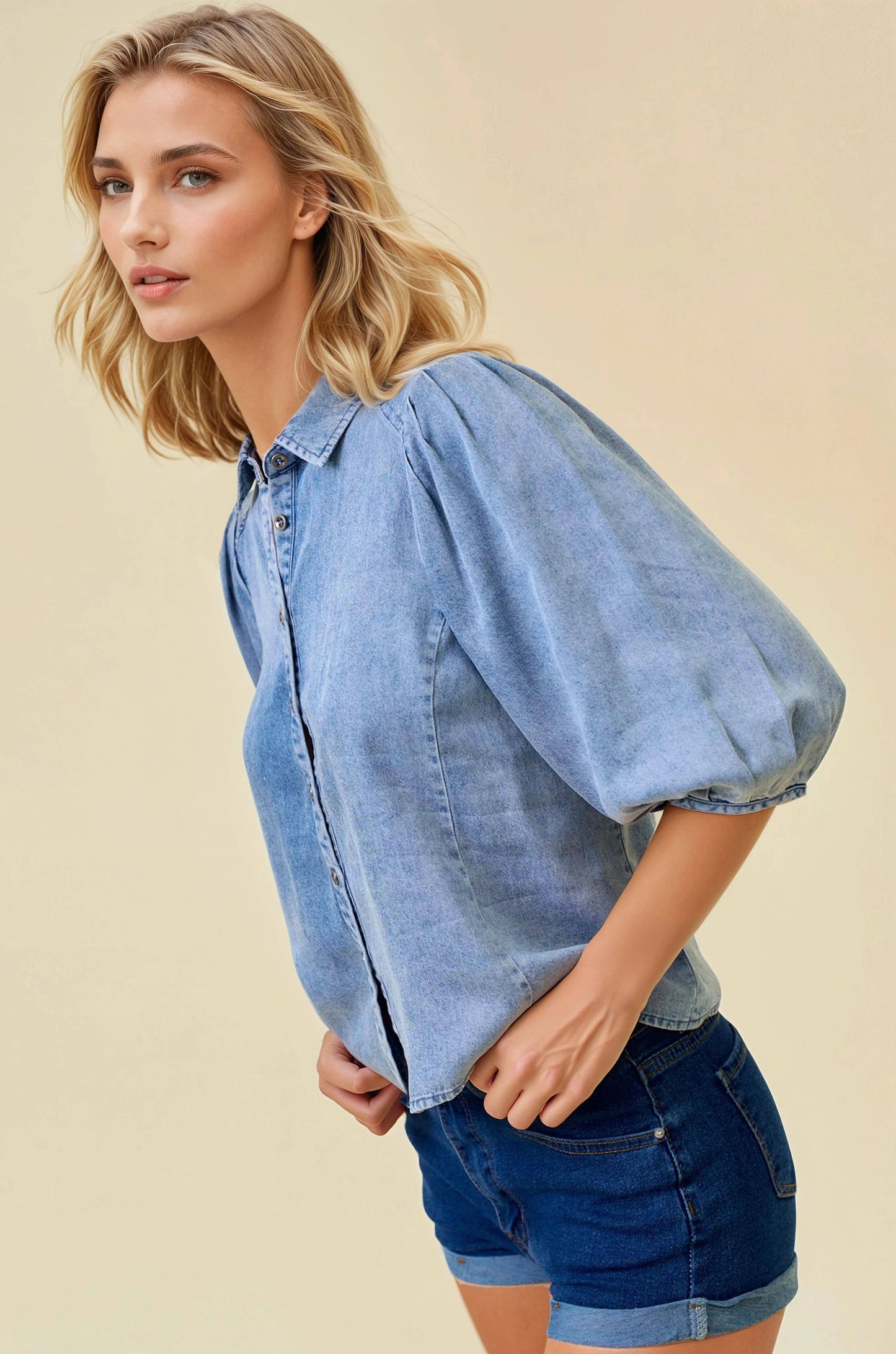 TENCEL CHAMBRAY PLEATS DETAIL JEAN PUFF SLEEVE SHIRT