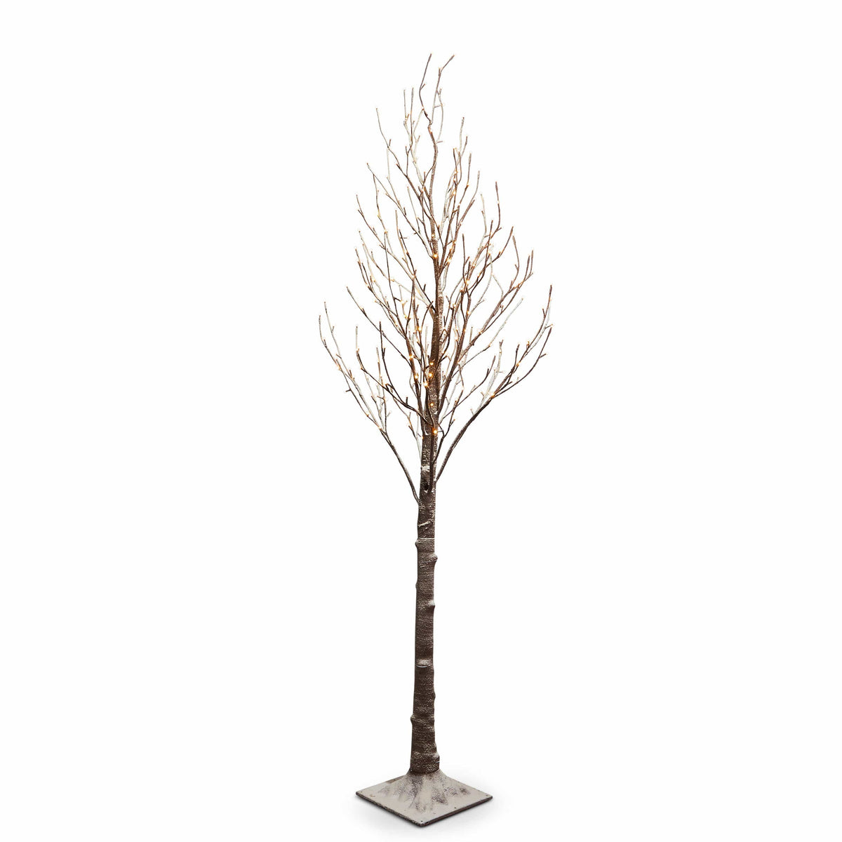 Tall artificial bare birch tree with snow-dusted branches and warm white LED lights on square base