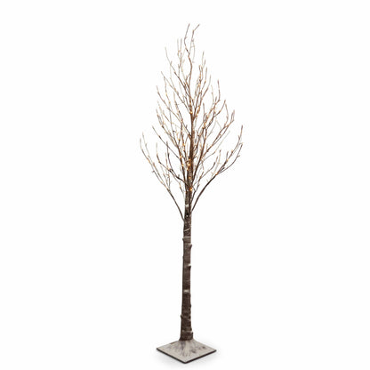 Tall artificial bare birch tree with snow-dusted branches and warm white LED lights on square base