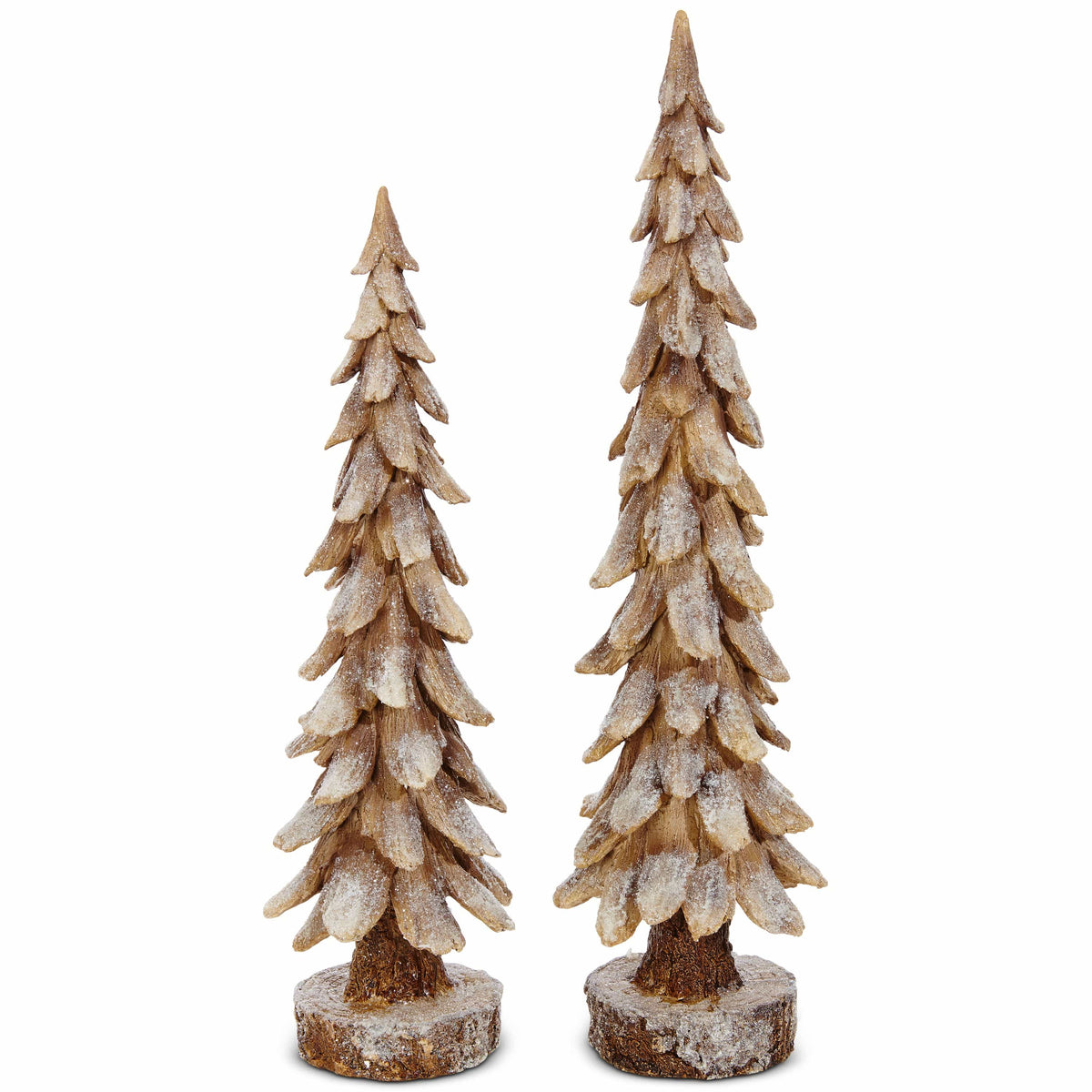 Set of two frosted resin pine tree figurines with layered branches on log slice bases