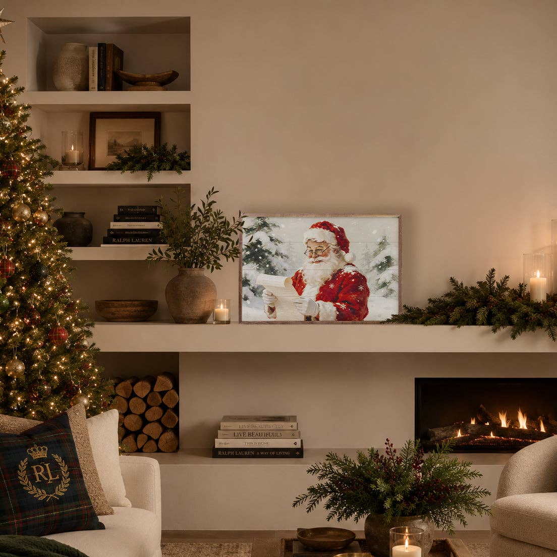 Letter From Santa framed wall art displayed on shelf in cozy Christmas living room