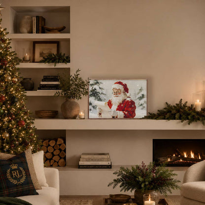Letter From Santa framed wall art displayed on shelf in cozy Christmas living room