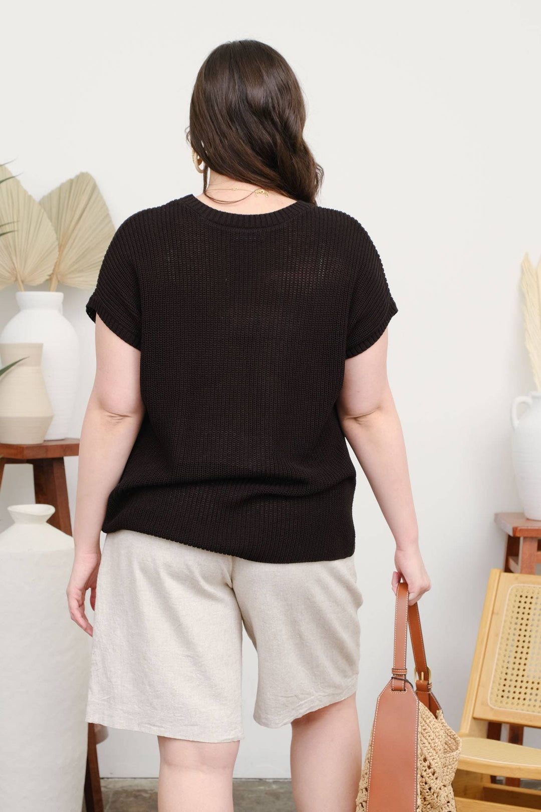 PLUS CREW NECK SHORT SLEEVE CROCHET KNIT PULLOVER